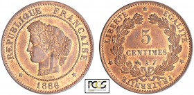 Troisième République (1871-1940) - 5 centimes Cérès 1886 A (Paris)
PCGS MS 64 RB
Ga.157-F.118
Br ; 5.01 gr ; 25 mm
Monnaie gradée par PCGS #317589...