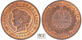 Troisième République (1871-1940) - 5 centimes Cérès 1889 A (Paris)
PCGS MS 64 RB
Ga.157-F.118
Br ; 5.02 gr ; 25 mm
PCGS # 83890640.