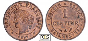 Troisième République (1871-1940) - 1 centime Cérès 1891 A (Paris)
PCGS MS 64 RB
Ga.88-F.104
Br ; 1 gr ; 15 mm
PCGS #17241864.