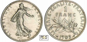 Troisième république (1871-1940) - 1 franc Semeuse 1905
PCGS MS 62
Ga.467-F.217
Ar ; -- ; 23 mm
Monnaie gradée par PCGS #17273390.