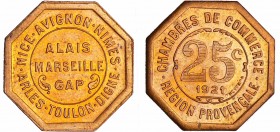Troisième république (1871-1940) - 25 centimes Chambre de Commerce de Ales, Marseille, Gap, 1921
SPL
Br ; 5.27 gr ; 24 mm
Frappe monnaie.
