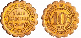 Troisième république (1871-1940) - 10 centimes Chambre de Commerce de Ales, Marseille, Gap, 1921
SPL
Br ; 4.80 gr ; 25 mm
Frappe monnaie.