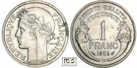 Quatrième république (1947-1959) - 1 franc Morlon aluminium 1958 B (Beaumont-le-Roger)
PCGS MS 63
Ga.473-F.221
Al ; -- ; 23 mm
Monnaie gradée par ...