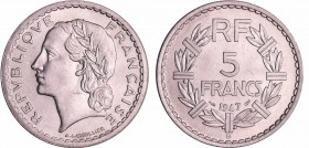 Quatrième république (1947-1959) - 5 francs Lavrillier aluminium 1947 B (Beaumont-le-Roger)
FDC
Ga.766-F.339
Al ; 3.81 gr ; 31 mm