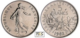 Cinquième république (1959- ) - 5 francs Semeuse 1982
PCGS MS 68
Ga.771-F.341
Ni ; 10 gr ; 29 mm
Monnaie gradée par PCGS #17242664.
