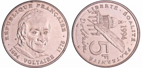 Cinquième république (1959- ) - 5 Francs Voltaire 1994 Frappe décalée de 90°
SUP
Ga.775
Ni ; 9.99 gr ; 29 mm
