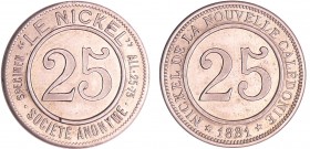 Nouvelle-Calédonie - 25 centimes1881 frappe monnaie
SUP
Lecompte.8
Cu-Ni ; 4.39 gr ; 24 mm