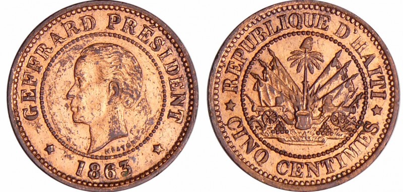 Haïti - Président Geffrard - 5 centimes 1863 (Heaton)
SPL
KM#19/39
Br ; 2.04 ...