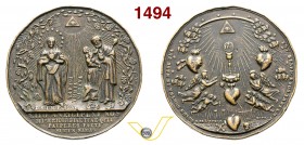DEVOZIONALE - 1850, Inc Calicchio (Napoli) D/ Madonna del Sacro Cuore e San Giuseppe R/ Angeli e cuori Ae mm 47 -