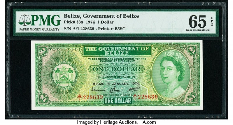 Belize Government of Belize 1 Dollar 1.1.1974 Pick 33a PMG Gem Uncirculated 65 E...