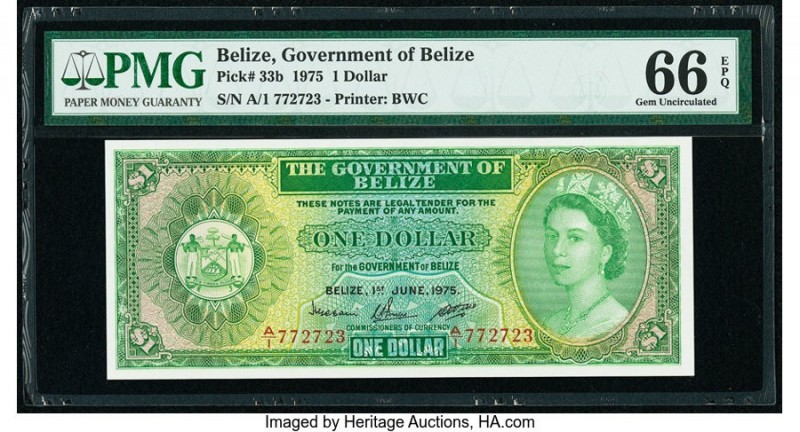 Belize Government of Belize 1 Dollar 1.6.1975 Pick 33b PMG Gem Uncirculated 66 E...