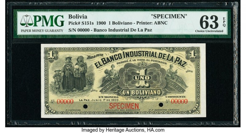 Bolivia Banco Industrial de La Paz 1 Boliviano 1.6.1900 Pick S151s Specimen PMG ...