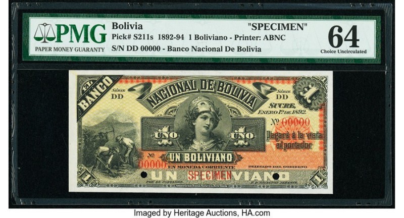 Bolivia Banco Nacional de Bolivia 1 Boliviano 1.1.1892 Pick S211s Specimen PMG C...