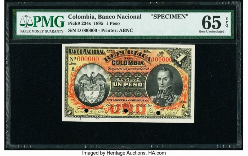 Colombia Banco Nacional de la Republica de Colombia 1 Peso 1895 Pick 234s Specim...