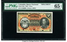 Colombia Banco Nacional de la Republica de Colombia 1 Peso 1895 Pick 234s Specimen PMG Gem Uncirculated 65 EPQ. Three POCs; red Specimen overprints.

...