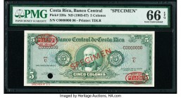 Costa Rica Banco Central de Costa Rica 5 Colones ND (1963-67) Pick 228s Specimen PMG Gem Uncirculated 66 EPQ. One POC; red Specimen & TDLR overprints....