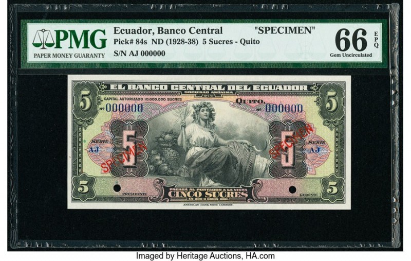 Ecuador Banco Central del Ecuador 5 Sucres ND (1928-38) Pick 84s Specimen PMG Ge...