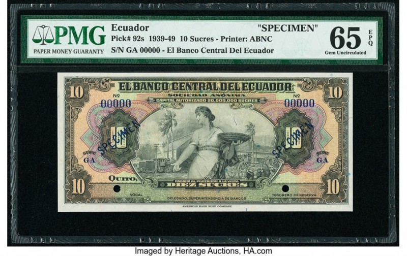 Ecuador Banco Central del Ecuador 10 Sucres 1939-49 Pick 92s Specimen PMG Gem Un...