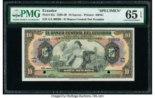 Ecuador Banco Central del Ecuador 10 Sucres 1939-49 Pick 92s Specimen PMG Gem Uncirculated 65 EPQ. Two POCs; blue Specimen overprints.

HID09801242017...