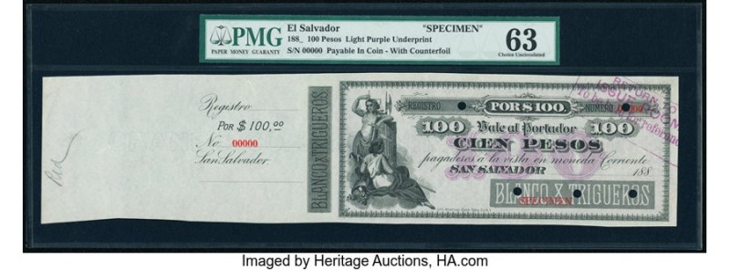 El Salvador Blanco & Trigueros 100 Pesos 1888x Pick UNL Specimen PMG Choice Unci...