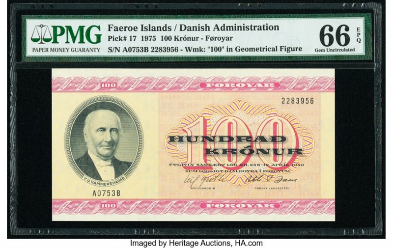 Faeroe Islands Foroyar 100 Kronur 12.4.1975 Pick 17 PMG Gem Uncirculated 66 EPQ....