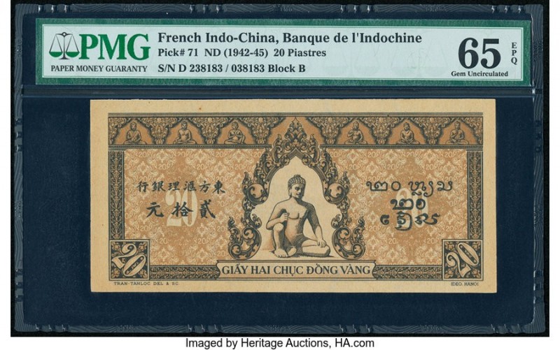 French Indochina Banque de l'Indo-Chine 20 Piastres ND (1942-45) Pick 71 PMG Gem...