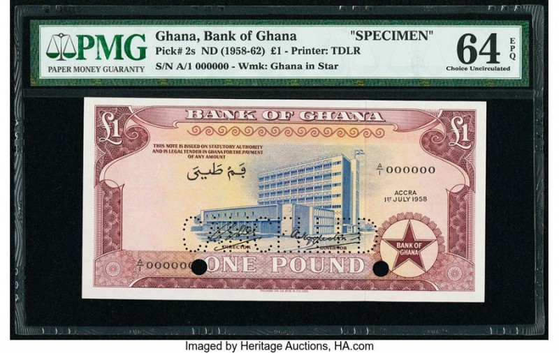 Ghana Bank of Ghana 1 Pound ND (1958-62) Pick 2s Specimen PMG Choice Uncirculate...