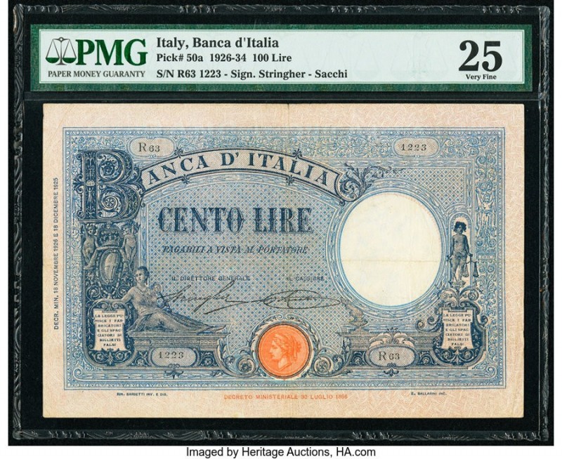 Italy Banca d'Italia 100 Lire 1926-34 Pick 50a PMG Very Fine 25. 

HID0980124201...