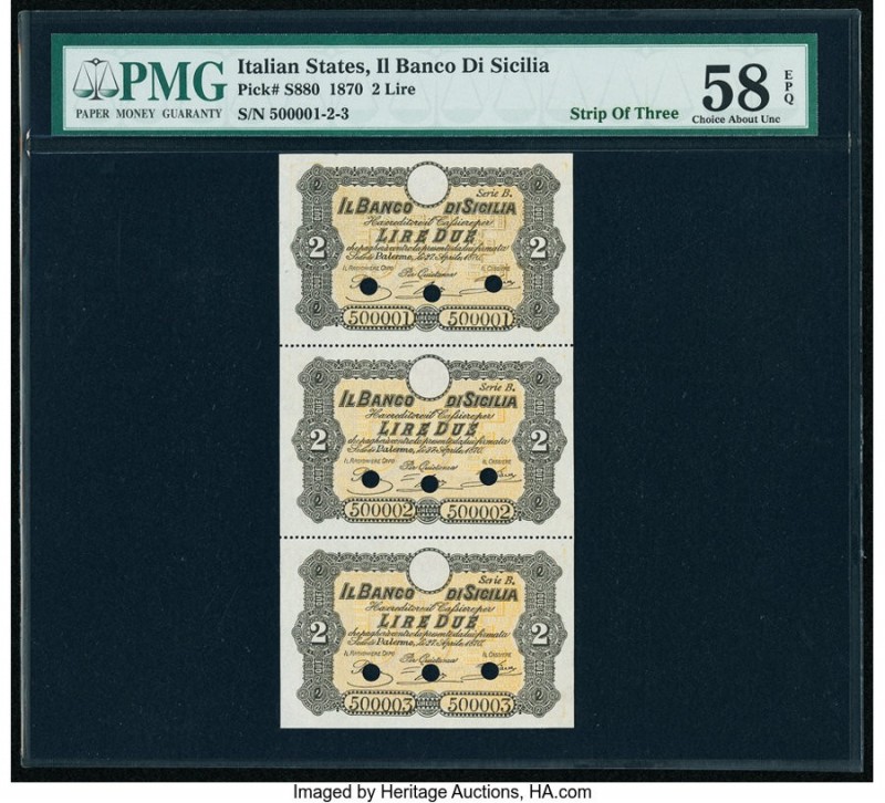 Italy Banco di Sicilia 2 Lire 1870 Pick S880 Strip of Three Consecutive Examples...