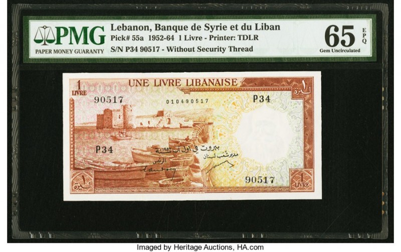 Lebanon Banque de Syrie et du Liban 1 Livre 1952-64 Pick 55a PMG Gem Uncirculate...