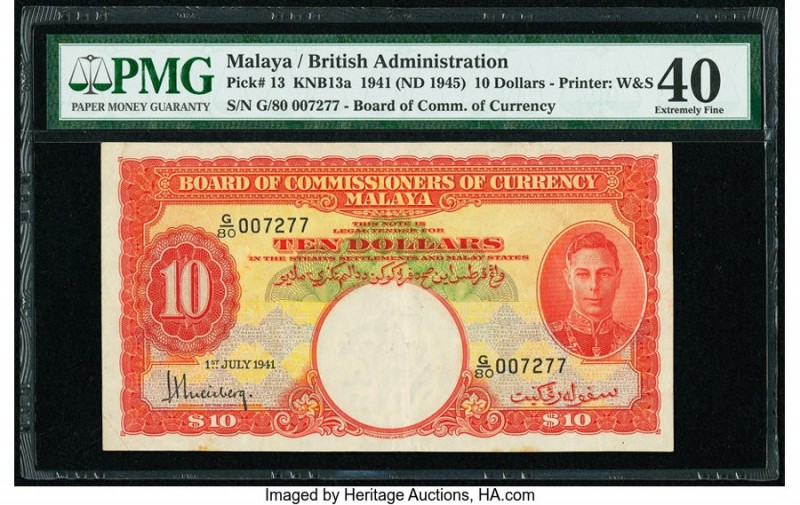 Malaya Board of Commissioners of Currency 10 Dollars 1.7.1941 Pick 13 PMG Extrem...