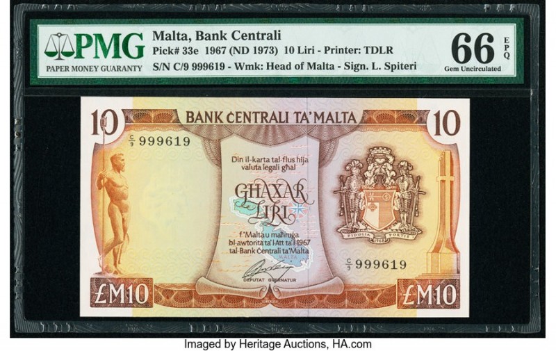 Malta Bank Centrali ta' Malta 10 Liri 1967 (ND 1973) Pick 33e PMG Gem Uncirculat...