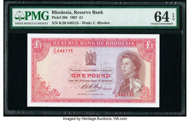 Rhodesia Reserve Bank of Rhodesia 1 Pound 18.8.1967 Pick 28b PMG Choice Uncircul...