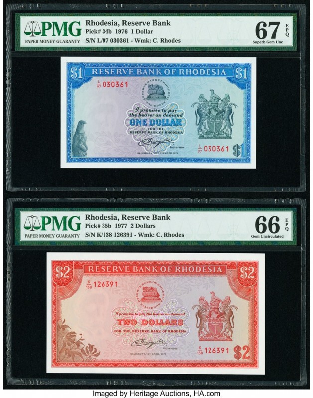 Rhodesia Reserve Bank of Rhodesia 1; 2 Dollars 1.11.1976; 15.4.1977 Pick 34b; 35...