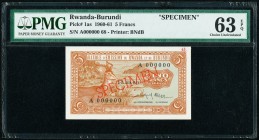 Rwanda-Burundi Banque d'Emission du Rwanda et du Burundi 5 Francs 15.9.1960 Pick 1as Specimen PMG Choice Uncirculated 63 EPQ. Red Specimen overprints....