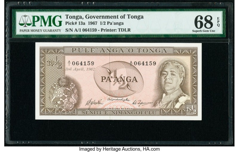 Tonga Government of Tonga 1/2 Pa'anga 3.4.1967 Pick 13a PMG Superb Gem Unc 68 EP...