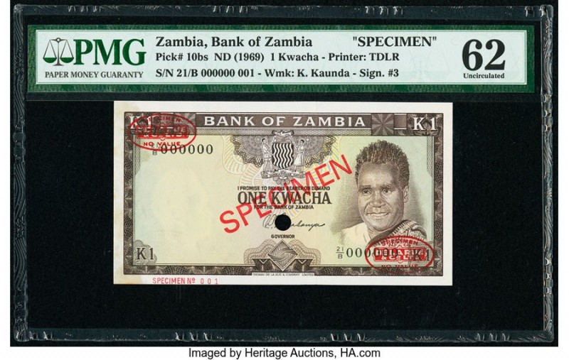 Zambia Bank of Zambia 1 Kwacha ND (1969) Pick 10bs Specimen PMG Uncirculated 62....