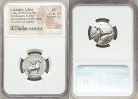 CALABRIA. Tarentum. Ca. early 3rd century BC. AR stater or didrachm (21mm, 7.54 gm, 10h). NGC AU 4/5 - 3/5. Ca. 302-280 BC. Philiarchus, Sa- and Aga-,...