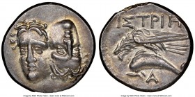 MOESIA. Istros. Ca. 400-350 BC. AR drachm (18mm, 4.79 gm, 1h). NGC Choice AU S 5/5 - 5/5. Two male heads side-by-side, the right inverted / IΣTPIH, se...
