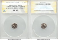THRACE. Apollonia Pontica. Ca. Late 5th-4th centuries BC. AR drachm (15mm, 3h). ANACS XF 45. Head of gorgoneion facing, hair of coiled serpents, with ...