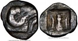 PHOCIS. Delphi. Ca. 5th century BC. AR trihemiobol (12mm, 1.14 gm, 9h). NGC VF 4/5 - 1/5, scratches. Ca. 450-400 BC. Large head of ram right, dolphin ...