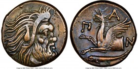 CIMMERIAN BOSPORUS. Panticapaeum. 4th century BC. AE (21mm, 11h). NGC XF. Head of bearded Pan right / Π-A-N, forepart of griffin left, sturgeon left b...