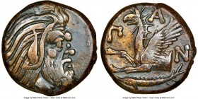 CIMMERIAN BOSPORUS. Panticapaeum. 4th century BC. AE (20mm, 12h). NGC Choice VF. Head of bearded Pan right / Π-A-N, forepart of griffin left, sturgeon...