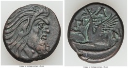 CIMMERIAN BOSPORUS. Panticapaeum. 4th century BC. AE (21mm, 6.61 gm, 11h). VF. Head of bearded Pan right / Π-A-N, forepart of griffin left, sturgeon l...