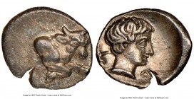 CARIA. Casolaba. Ca. 4th century BC. AR tetartemorion(?) (5mm, 11h). NGC AU. Forepart of bull right / K-A, head of young male right. cf. SNG Kayhan 99...