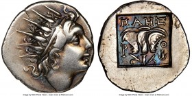 CARIAN ISLANDS. Rhodes. Ca. 88-84 BC. AR drachm (17mm, 11h). NGC Choice VF. Plinthophoric standard, Maes, magistrate. Radiate head of Helios right / M...