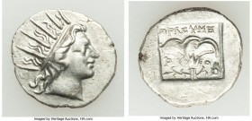 CARIAN ISLANDS. Rhodes. Ca. 88-84 BC. AR drachm (16mm, 2.21 gm, 11h). AU. Plinthophoric standard, Thrasymedes, magistrate. Radiate head of Helios righ...