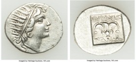 CARIAN ISLANDS. Rhodes. Ca. 88-84 BC. AR drachm (16mm, 2.36 gm, 12h). Choice XF. Plinthophoric standard, Euphanes, magistrate. Radiate head of Helios ...