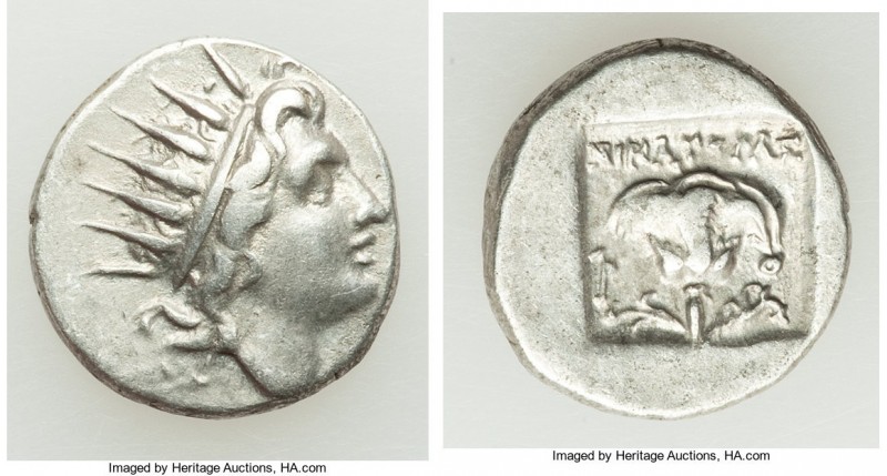 CARIAN ISLANDS. Rhodes. Ca. 88-84 BC. AR drachm (15mm, 2.87 gm, 11h). XF. Plinth...