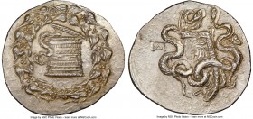 PHRYGIA. Apameia. Ca. 166-133 BC. AR cistophorus (28mm, 12.57 gm, 12h). NGC Choice AU 5/5 - 4/5. Ca. 150-140 BC. Serpent emerging from cista mystica; ...